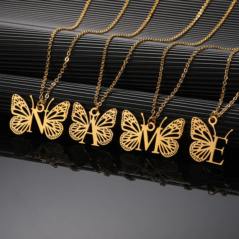 A-Z Initial Letter Collar Butterfly Necklace For Women Butterfly Jewelry Stainless Steel Alphabet Choker Necklace Female Gift