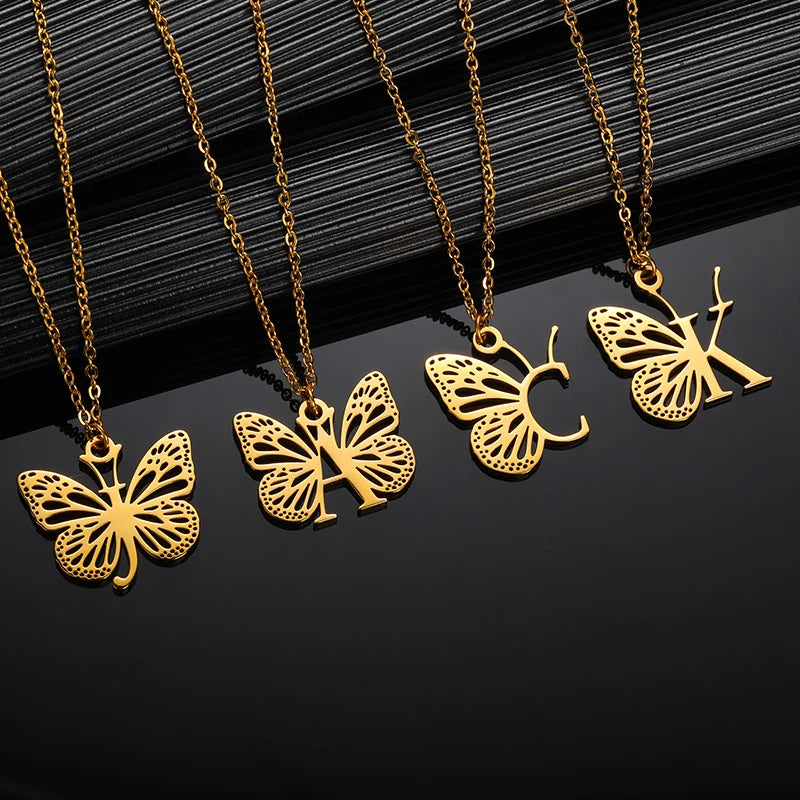 A-Z Initial Letter Collar Butterfly Necklace For Women Butterfly Jewelry Stainless Steel Alphabet Choker Necklace Female Gift