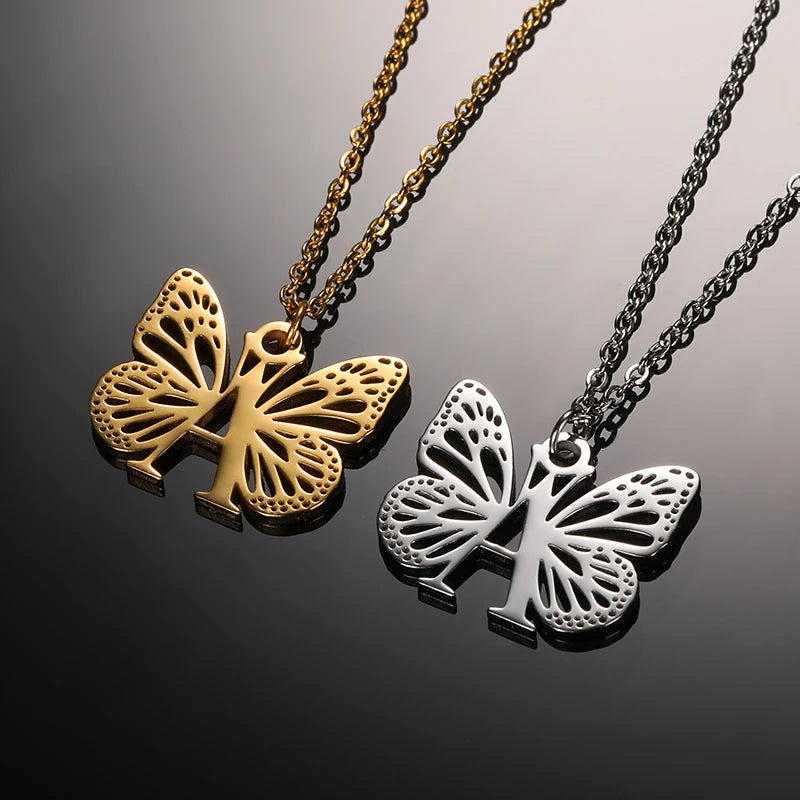 A-Z Initial Letter Collar Butterfly Necklace For Women Butterfly Jewelry Stainless Steel Alphabet Choker Necklace Female Gift