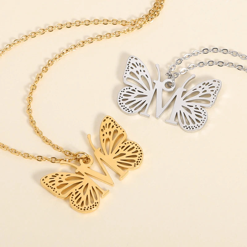 A-Z Initial Letter Collar Butterfly Necklace For Women Butterfly Jewelry Stainless Steel Alphabet Choker Necklace Female Gift