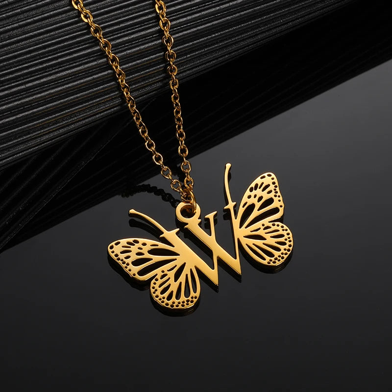 A-Z Initial Letter Collar Butterfly Necklace For Women Butterfly Jewelry Stainless Steel Alphabet Choker Necklace Female Gift