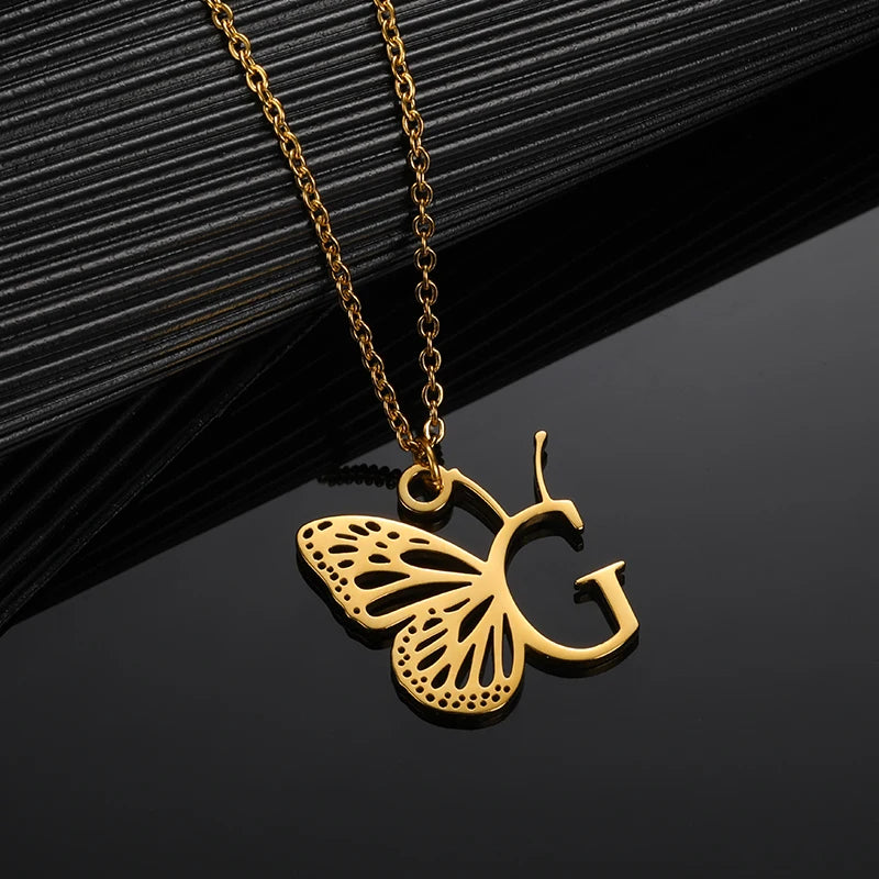 A-Z Initial Letter Collar Butterfly Necklace For Women Butterfly Jewelry Stainless Steel Alphabet Choker Necklace Female Gift