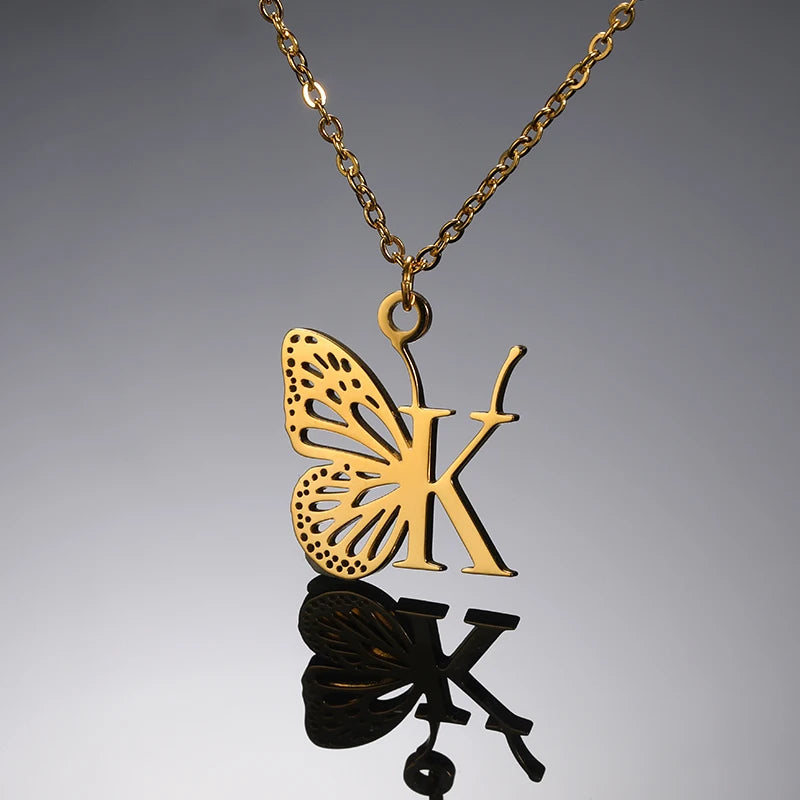 A-Z Initial Letter Collar Butterfly Necklace For Women Butterfly Jewelry Stainless Steel Alphabet Choker Necklace Female Gift