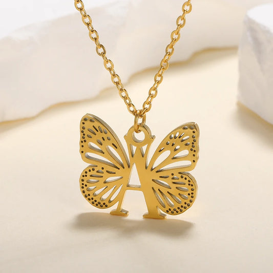 A-Z Initial Letter Collar Butterfly Necklace For Women Butterfly Jewelry Stainless Steel Alphabet Choker Necklace Female Gift